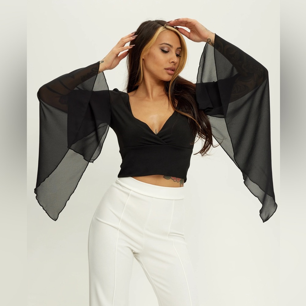 Black Flared Long Sleeve Mesh Sleeve V Neck Crop Top Blouse